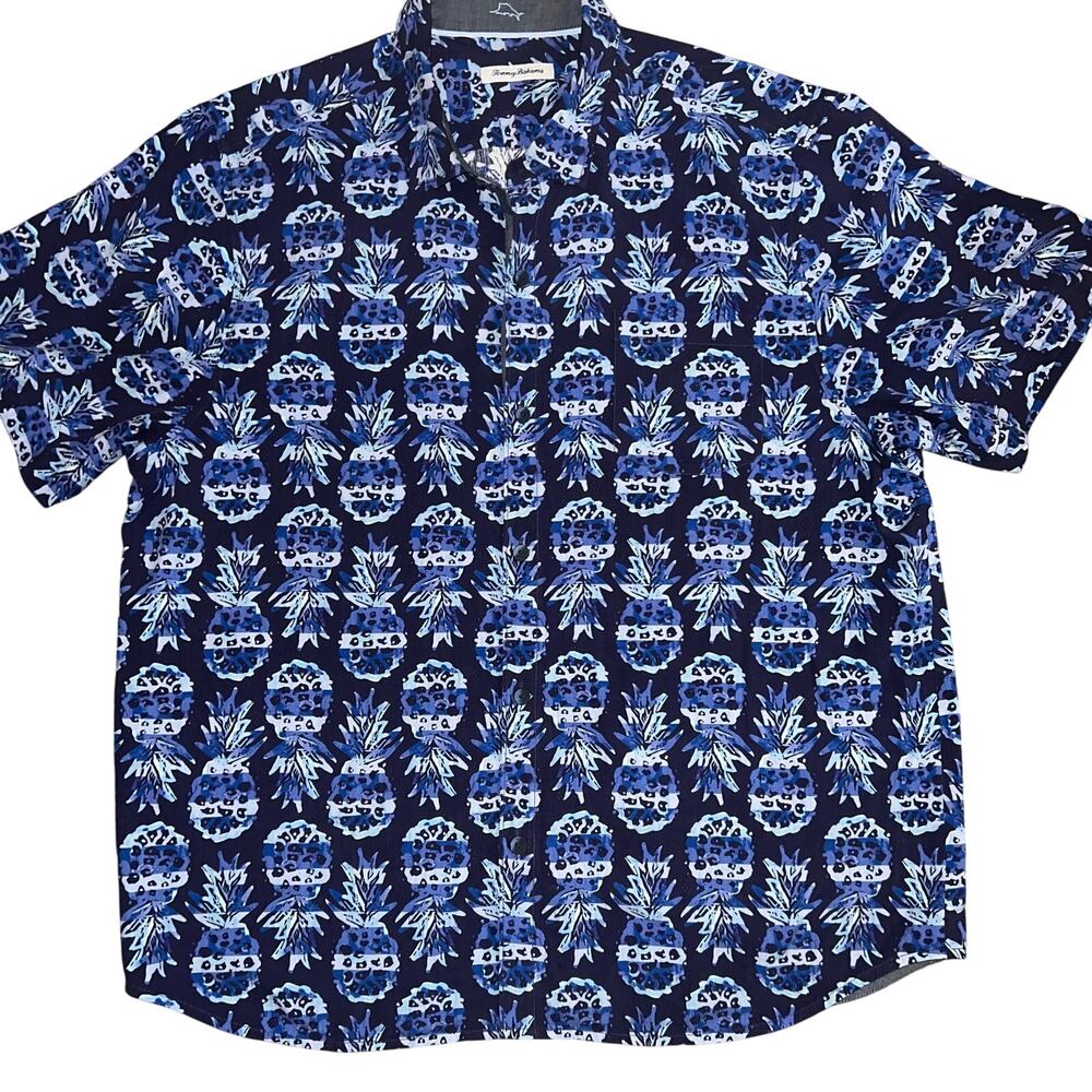 Tommy Bahama 100% silk pineapple tropical beach Men Blue Button Up AOP Silk XXL